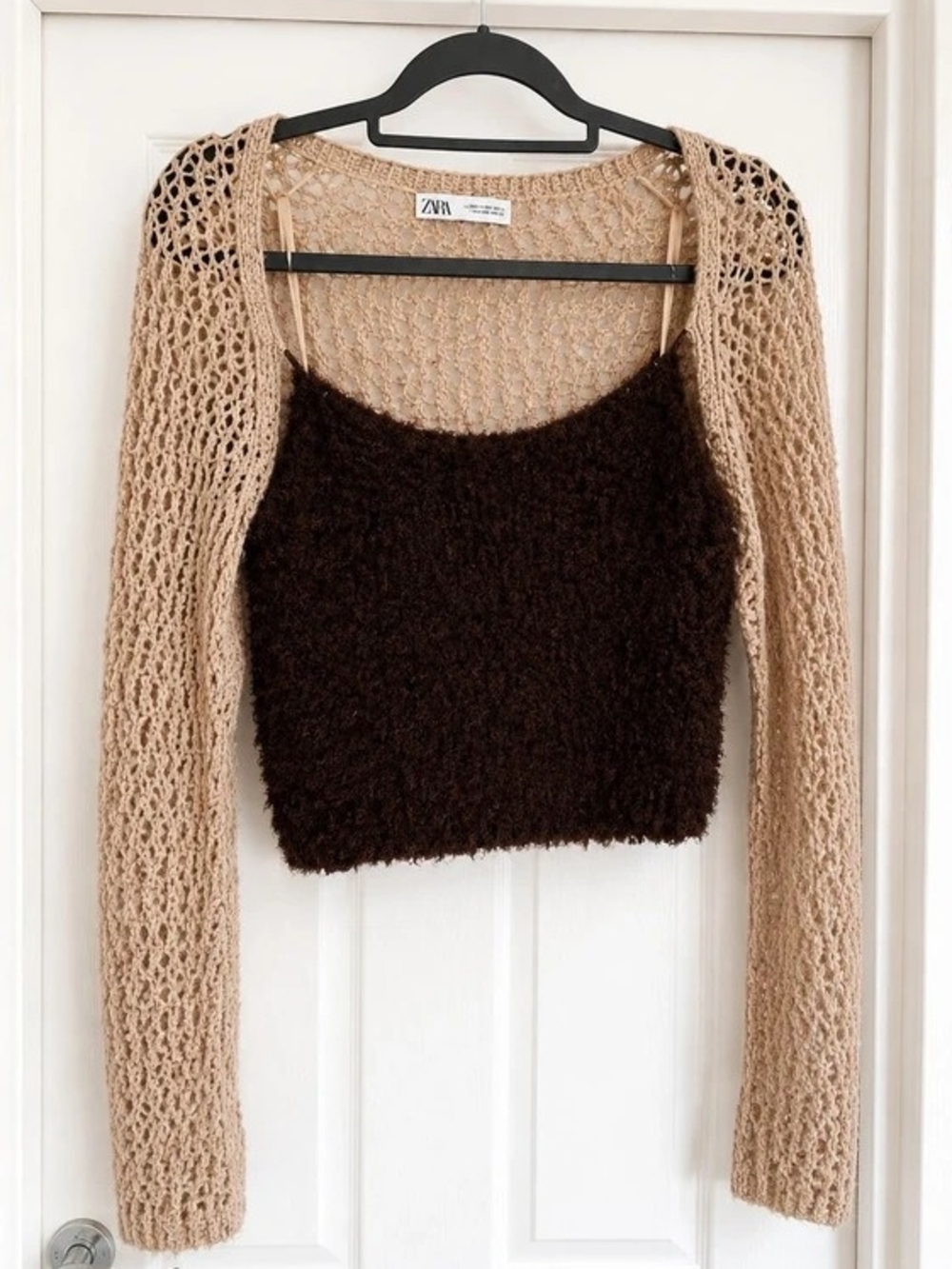 Zara Beige Open-Weave Shrug with Brown Fuzzy Camisole